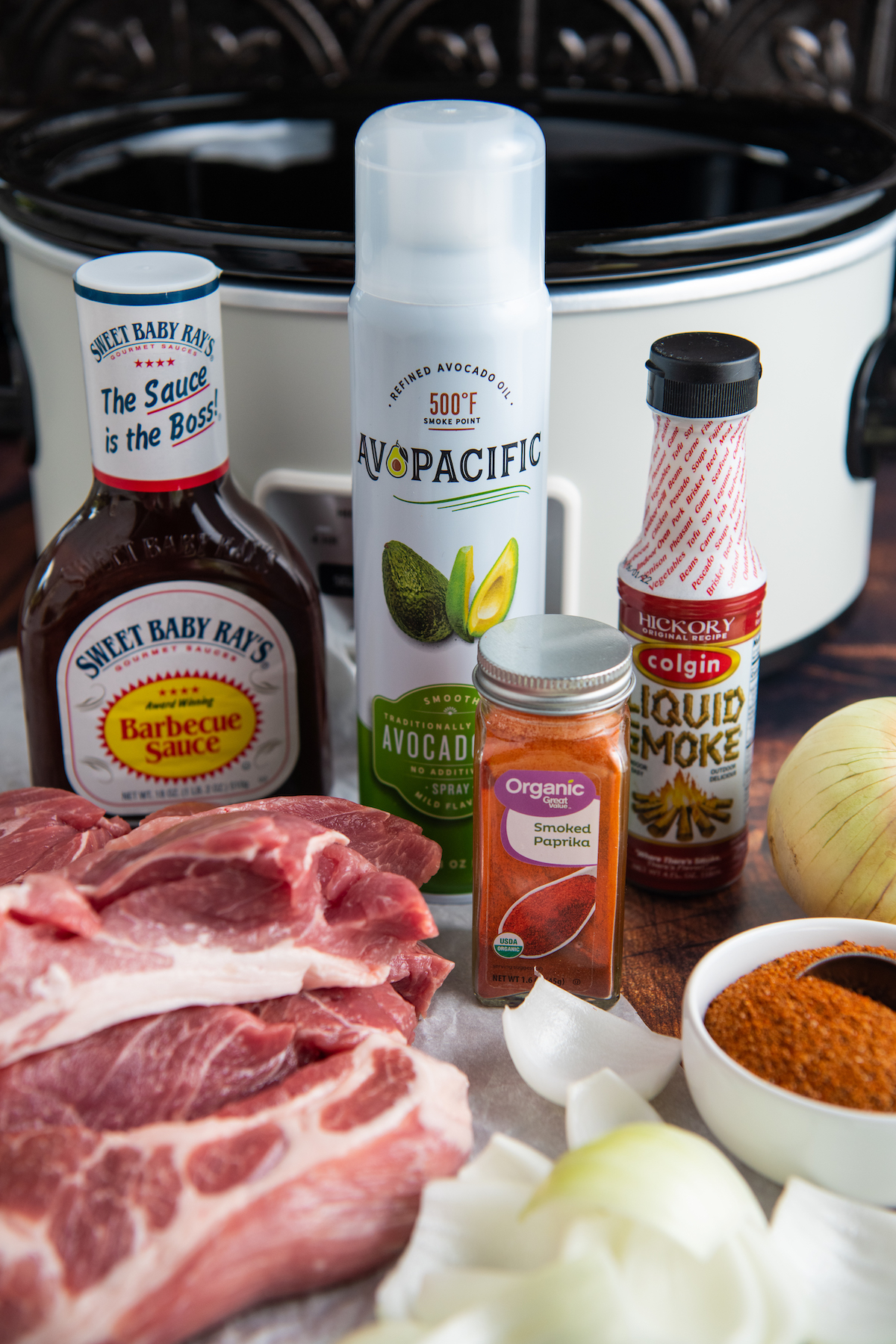 ingredients for country style ribs in front of the slow cooker