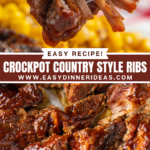Collage image: image of bites of country style ribs on a fork and an over head image of country style ribs cut into pieces on a white platter.