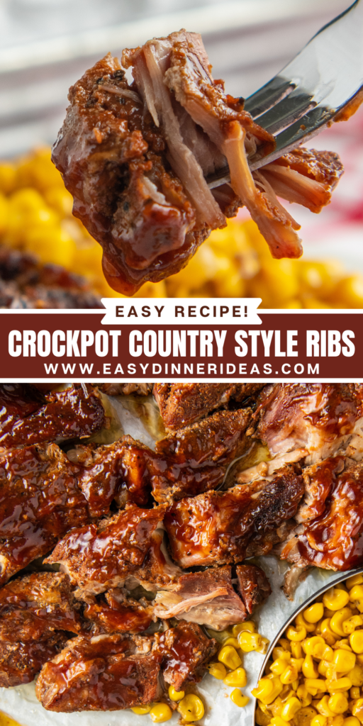 Collage image: image of bites of country style ribs on a fork and an over head image of country style ribs cut into pieces on a white platter.