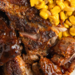 Overhead image of country style ribs cooked in a crockpot.