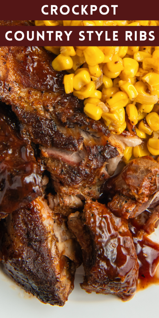 Overhead image of country style ribs cooked in a crockpot.