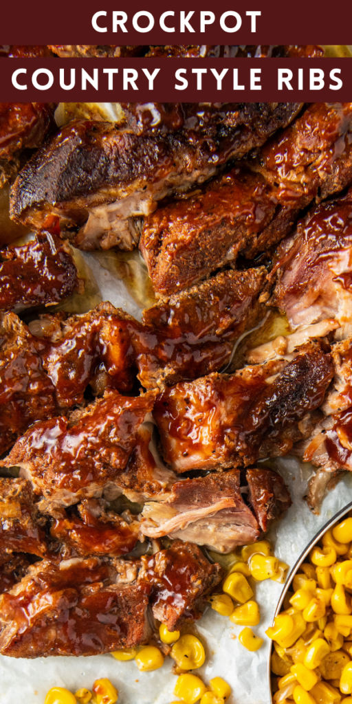 Up close image of country style ribs cut up on a white plate.