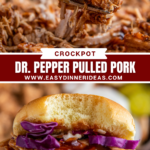 Shredded crockpot dr pepper pulled pork on a fork with bbq sauce and a hand holding a pulled pork sandwich with a bite taken out of it.
