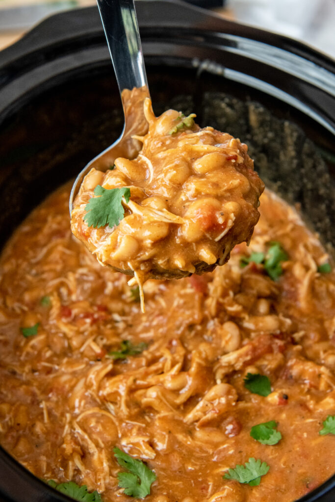 A crockpot full of white chili with a ladle scooping up the chili.