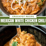 A crockpot full of white chili with a ladle scooping up the chili and an image of mexican white chicken chili in a bowl with cheese and cilantro on top.