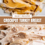 Collage image of Turkey breast sliced into pieces on a cutting board and an image of turkey with gravy on it on a white plate with mashed potatoes and carrots.