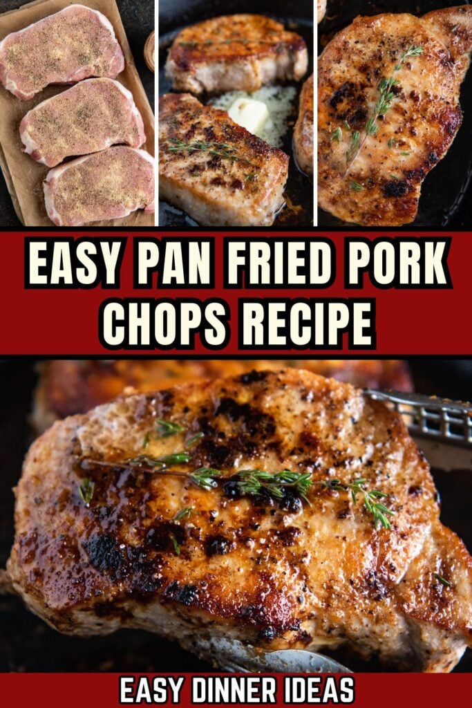 Easy pan fried pork chops recipe cooking in a skillet.