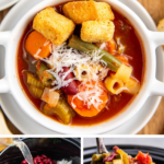 Collage image of an up close image of minestrone soup in a white bowl, ingredients being poured into a crockpot and a ladle scooping up a scoopful of minestrone soup.