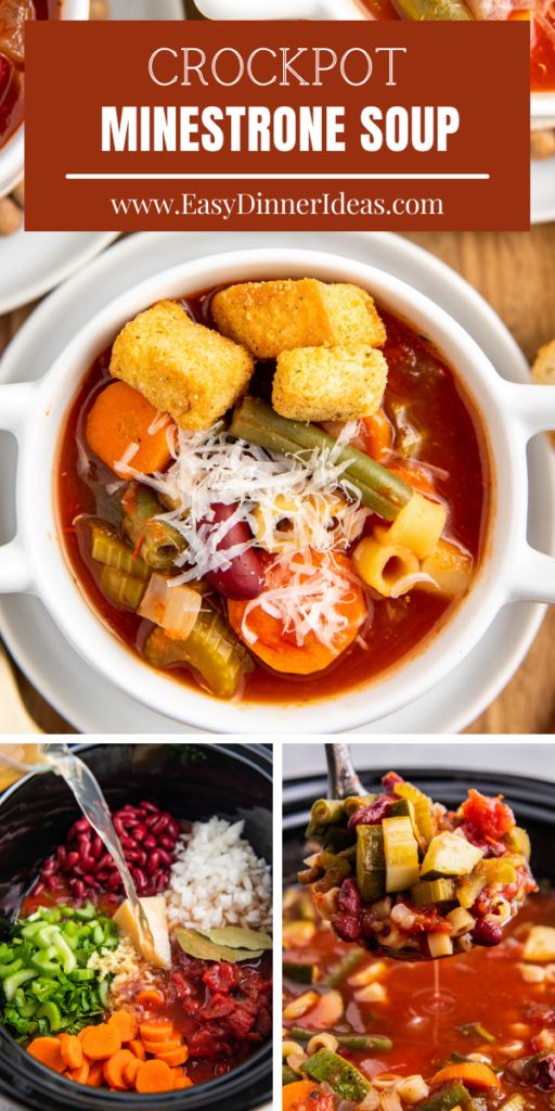Collage image of an up close image of minestrone soup in a white bowl, ingredients being poured into a crockpot and a ladle scooping up a scoopful of minestrone soup.