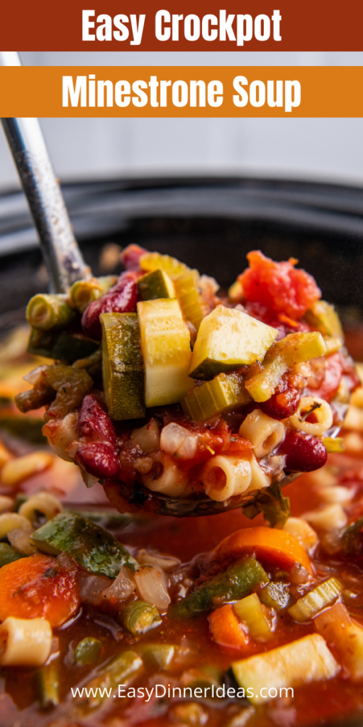 A spoonful of minestrone soup being lifted out of the crockpot.