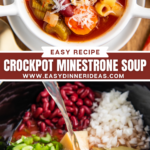 Minestrone soup in a white bowl and ingredients being added to a crockpot.