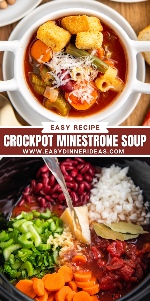 Minestrone soup in a white bowl and ingredients being added to a crockpot.