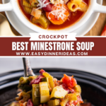 A bowl full of minestrone soup and an image of a ladle scooping minestrone soup out of a crockpot.