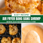 Bang bang shrimp on a plate with a fork picking up one shrimp with sauce on it and shrimp in an air fryer basket and a spoonful of sauce.