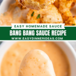 Crispy fried shrimp with bang bang sauce on a fork and bowl of bang bang sauce with a spoon scooping some out.
