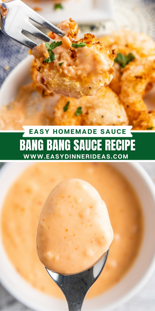Crispy fried shrimp with bang bang sauce on a fork and bowl of bang bang sauce with a spoon scooping some out.