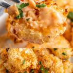 Bang bang shrimp on a plate with a fork picking up one shrimp with sauce on it and an up close image of fried shrimp on a plate.
