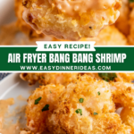 Bang bang shrimp on a plate with a fork picking up one shrimp with sauce on it and an image of shrimp on a white plate with sauce.