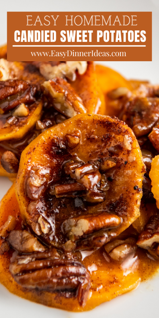 Up close image of candied sweet potatoes on a white plate with pecans.