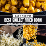 Up close image of southern fried corn with onion in a bowl, an image of onion being sautéed in a cast iron skillet and an image of corn kernels being poured into a skillet.