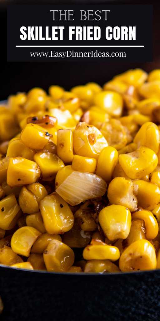 Up close image of sautéed corn with onion and seasonings.