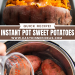 Sweet potato sliced with butter inside with a fork scooping up a bite and three sweet potatoes in an instant pot with water being poured inside.