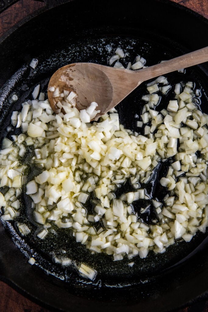 Onion in a cast iron skillet with butter and olive oil.