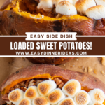 Up close image of loaded sweet potato with a fork picking up some sweet potato and marshmallows and an overhead image of a twice baked potato with toasted marshmallows.