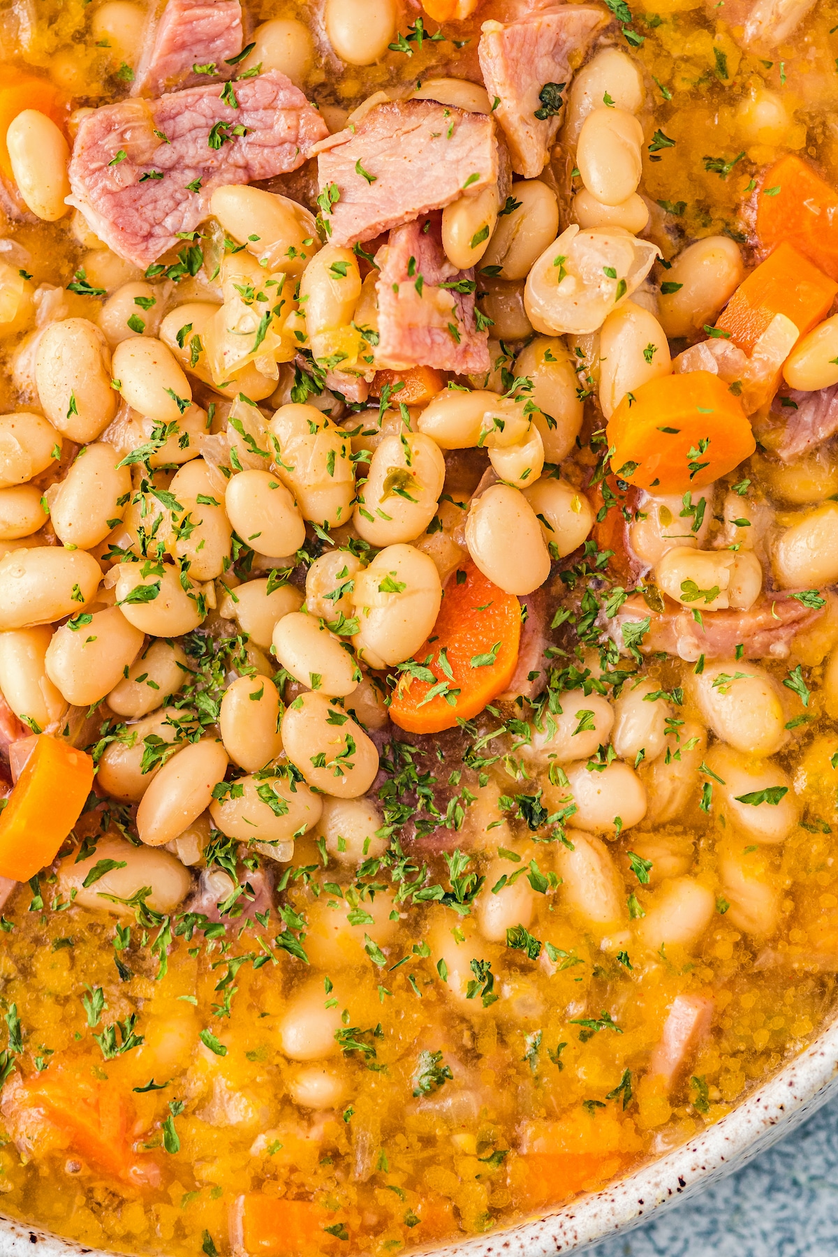Up close image of crockpot ham and beans in a white bowl with parsley on top.