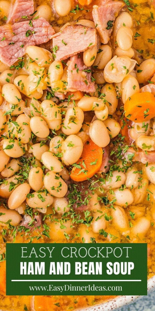 Up close image of ham and beans in a white bowl.