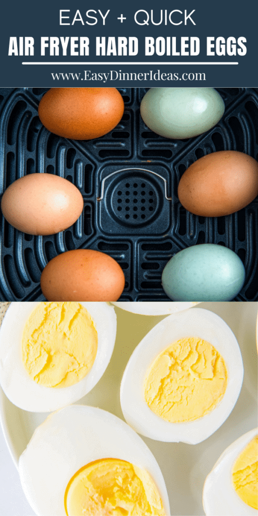 Whole eggs in an air fryer basket and a plate with peeled and sliced cooked eggs.