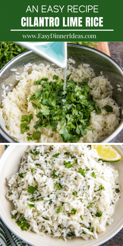 A pot of white rice with cilantro with lime juice being poured in and a bowl of cilantro lime rice with a wedge of lime.