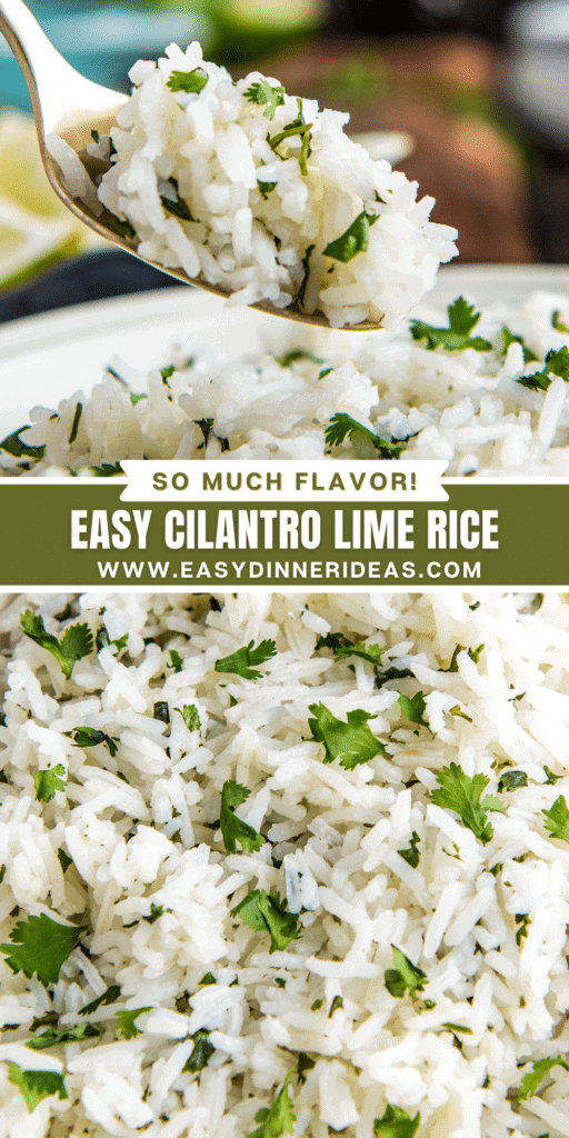 A spoonful of rice and a close up image of white rice with cilantro stirred in.