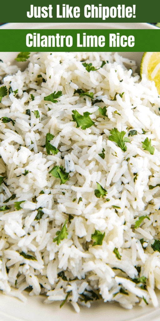 A bowl of cilantro lime rice with a wedge of lime.