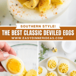 A deviled egg, a bowl with egg yolks and a plate filled with egg white shells being filled with egg filling.