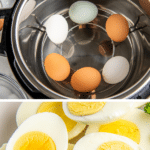 Collage image of eggs in an instant pot and sliced hard boiled eggs.