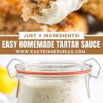 Tartar sauce on a piece of fish and a jar of tartar sauce.