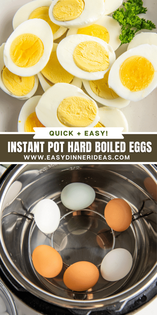 Sliced hard boiled eggs on a plate and eggs in an instant pot on a trivet.