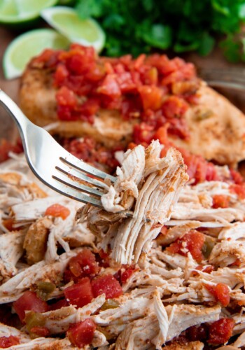 Shredded chicken with tomatoes on a cutting board with a fork picking up a piece of shredded chicken.