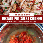 Shredded chicken with tomatoes with cilantro on top and two chicken breasts in an instant pot with salsa on top.