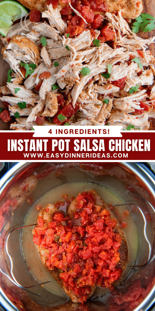 Shredded chicken with tomatoes with cilantro on top and two chicken breasts in an instant pot with salsa on top.