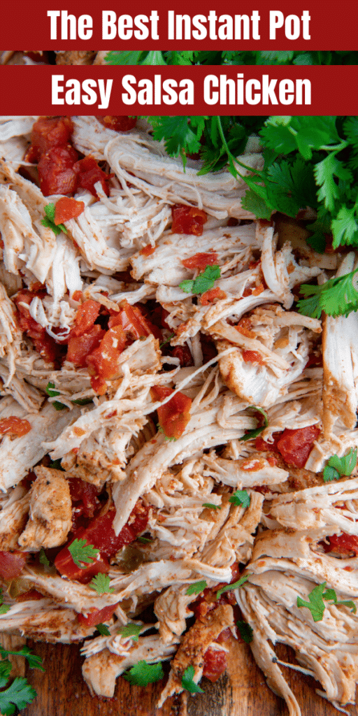 Shredded chicken on an instant pot with tomatoes on a cutting board with cilantro on top.