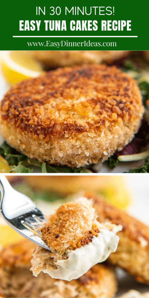 Tuna Patties on top of a fresh salad and a bite of a tuna Pattie with tartar sauce on a fork.