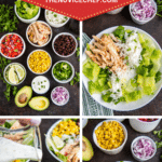 Pin image with step by step images of chicken burrito bowls being filled.