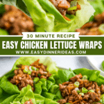 A chicken lettuce wrap with a bite taken out of it and three lettuce wraps on a white plate.