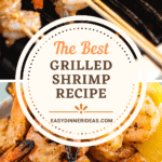 Shrimp on skewers being cooked on grill and grilled shrimp on a white plate.
