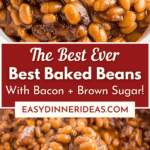 Baked beans in a white bowl and baked beans being scooped up with a wooden spoon.