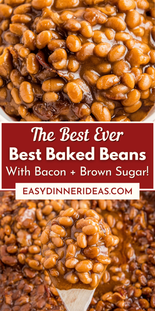 Baked beans in a white bowl and baked beans being scooped up with a wooden spoon.