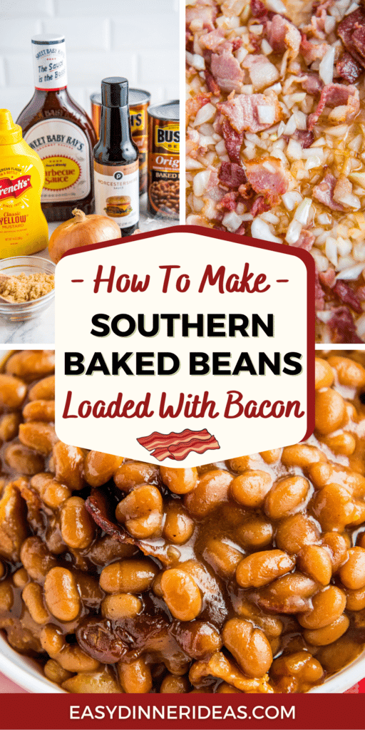Ingredients on a marble countertop, bacon and onions sautéed together and baked beans in a bowl.