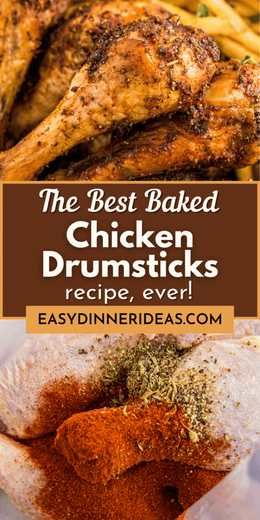 Crispy cooked chicken drumsticks stacked on top of each other and raw chicken legs in a bag with seasonings on them.